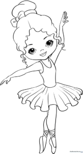 Black and white line art of a ballerina in a tutu and ballet slippers, designed for children to color.