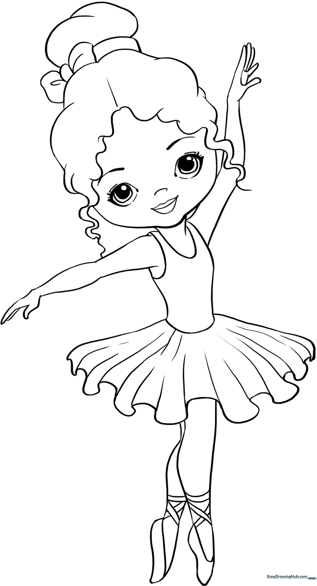 Black and white line art of a ballerina in a tutu and ballet slippers, designed for children to color.