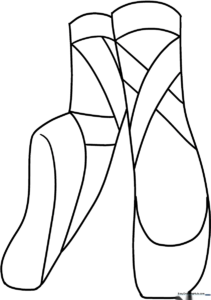 Detailed line art of a pair of ballet slippers with ribbons, ready for coloring with markers or crayons.