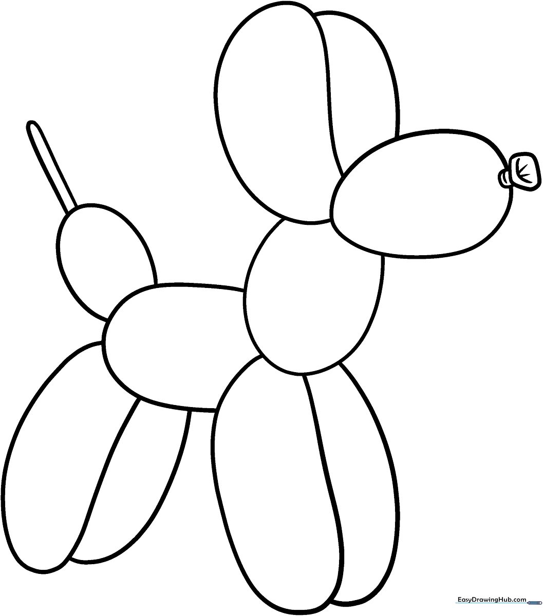 A clean, black-and-white line art illustration of a balloon dog, featuring smooth, rounded segments perfect for children to color with crayons or markers.