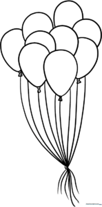 A clean, black-and-white line art illustration of a cluster of three balloons with ribbons, designed for children to color.