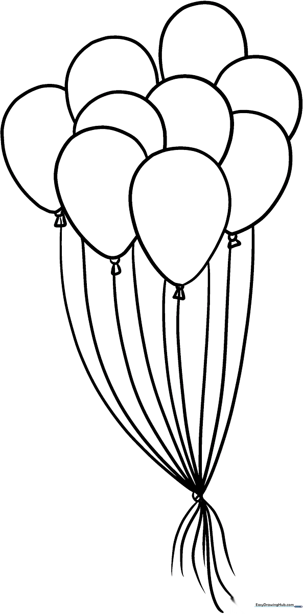 A clean, black-and-white line art illustration of a cluster of three balloons with ribbons, designed for children to color.