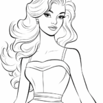 Detailed line art of Ballroom Barbie in a flowing gown, ready for coloring with crayons or markers to practice staying within the lines.