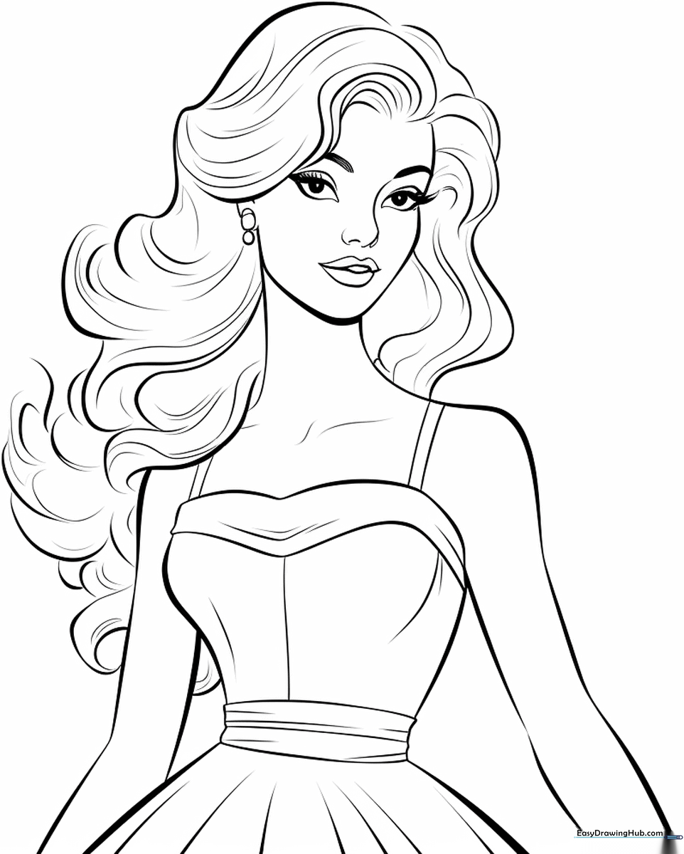 Detailed line art of Ballroom Barbie in a flowing gown, ready for coloring with crayons or markers to practice staying within the lines.