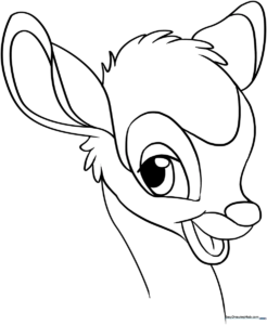 Black and white line art of Bambi standing in a forest setting, featuring clear outlines for easy coloring by children.
