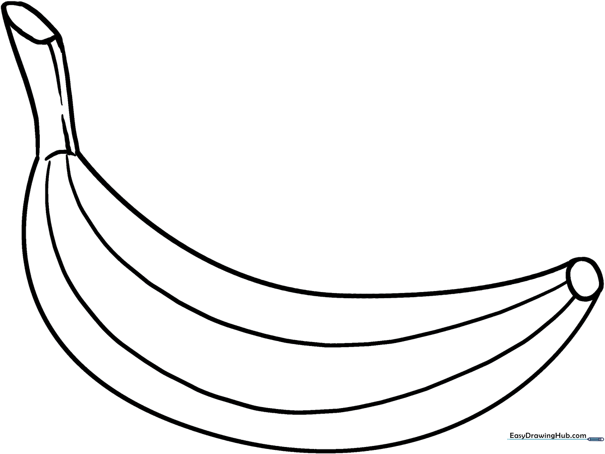 A clean, bold-lined illustration of a single banana with a stem, designed for children to color easily.