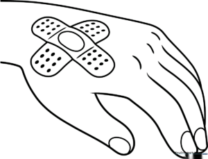 A clean, black-and-white line art illustration of a classic adhesive bandage with a central pad, designed for children to color.