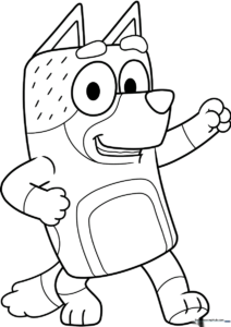 Black and white line art of Bandit Heeler from Bluey, featuring clear outlines for easy coloring by children.