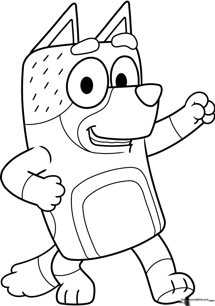 Black and white line art of Bandit Heeler from Bluey, featuring clear outlines for easy coloring by children.
