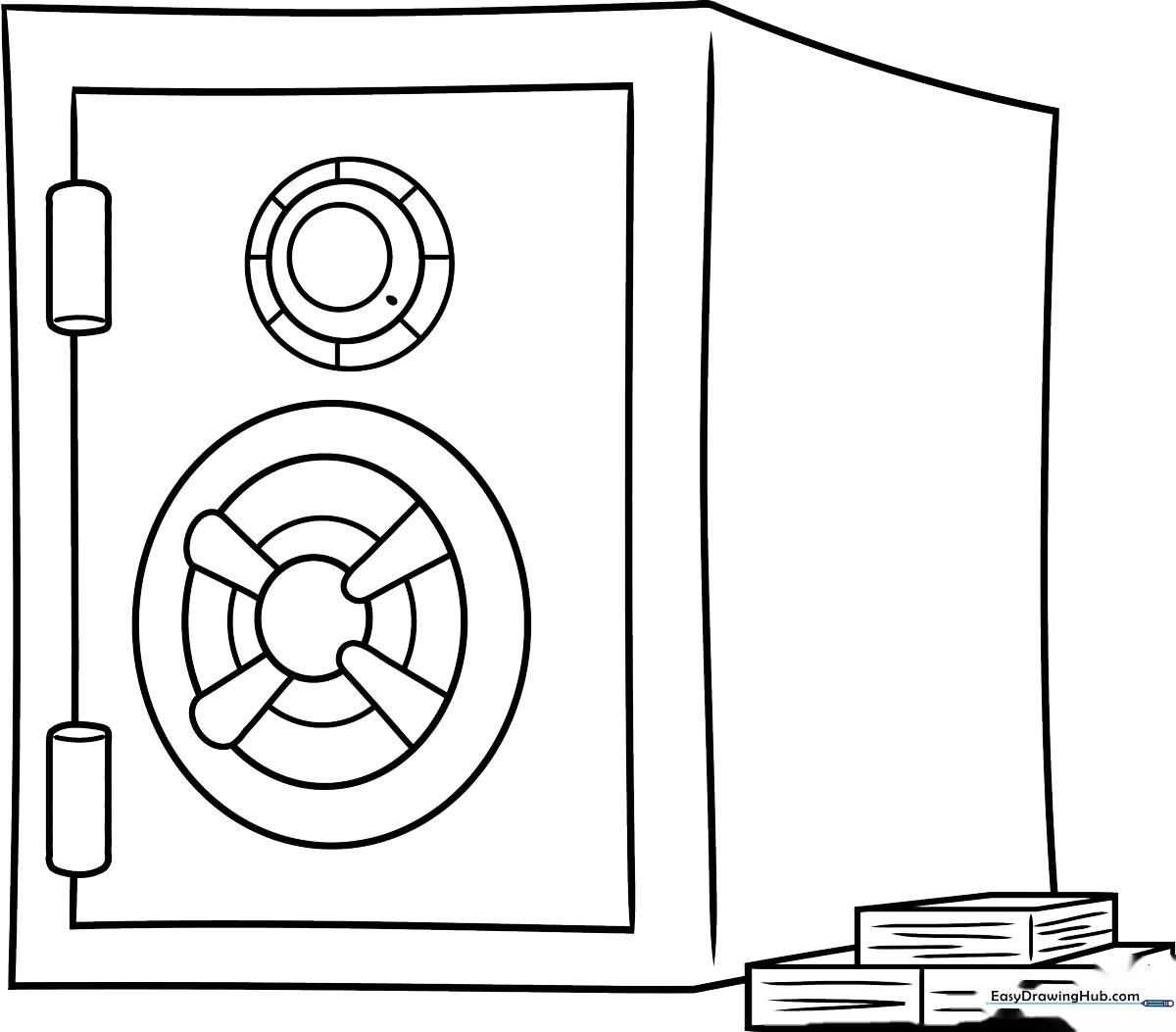 Black and white line art of a heavy bank vault door with a large circular handle, designed for children to color.