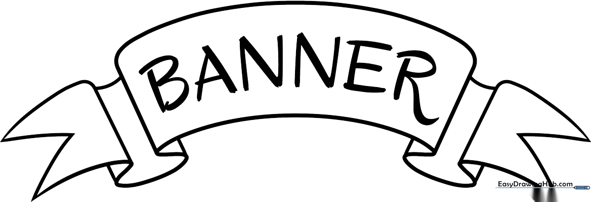 Black and white line art of a decorative ribbon banner with folded ends, ready for children to color with markers or crayons.