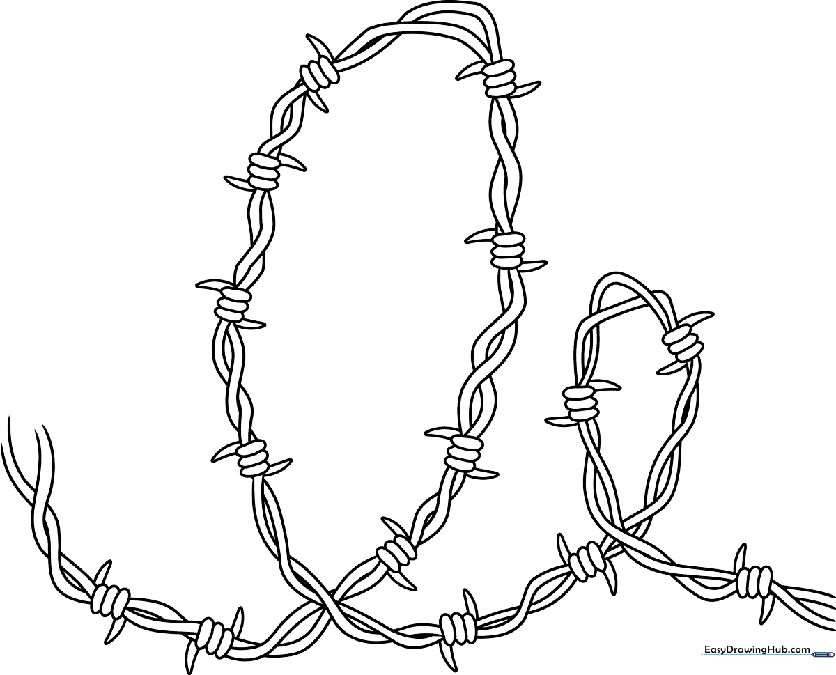 Black and white line art of a barbed wire strand with sharp, twisted barbs, designed for children to color and practice fine motor skills.
