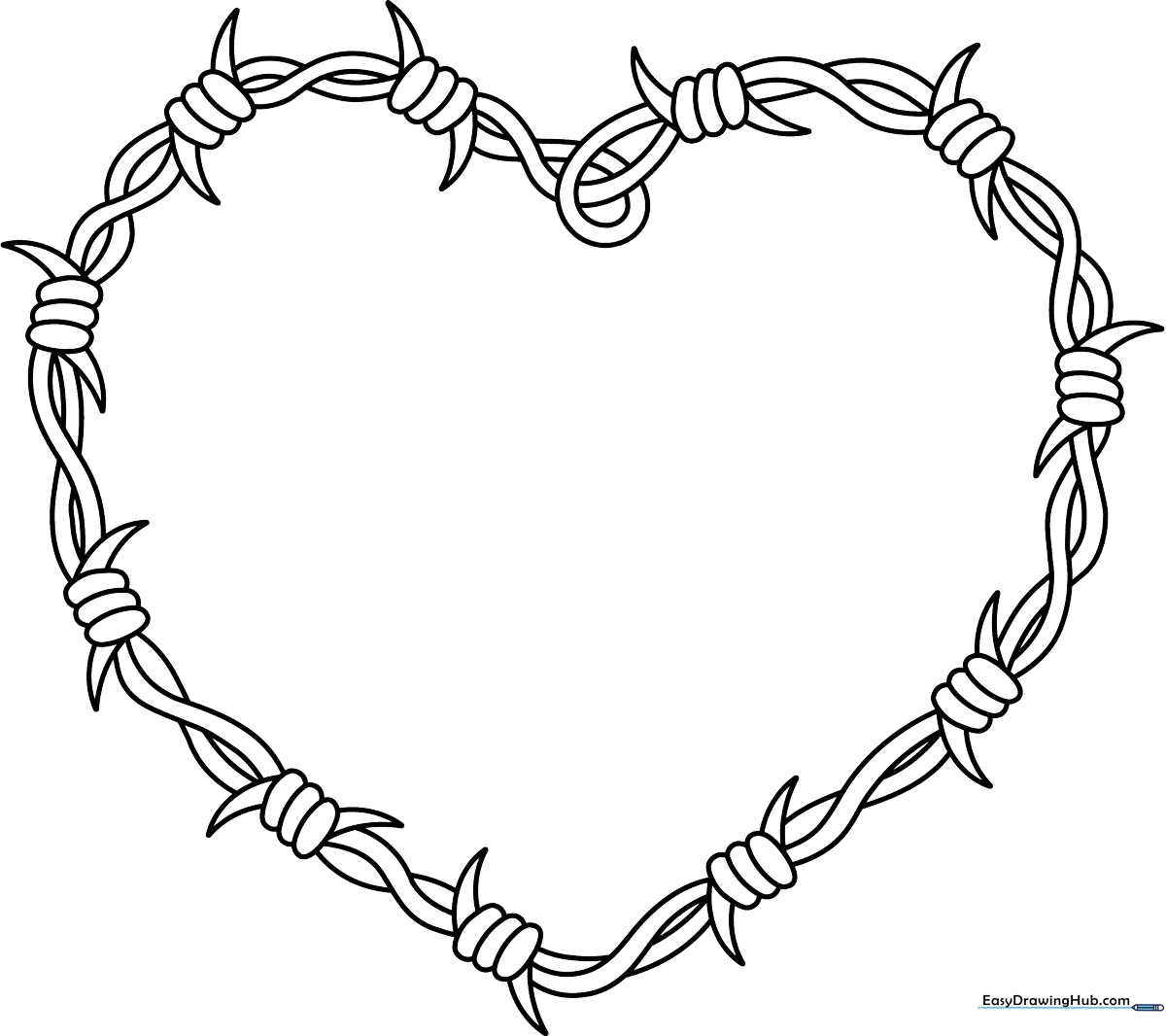 Black and white line art of a heart wrapped in barbed wire, designed for children to color with markers or pencils.