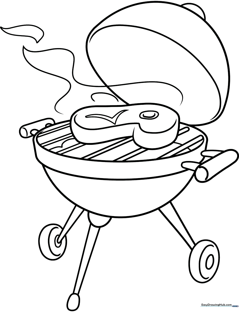 Black and white line art of a classic backyard charcoal grill with a lid and side vents, ready for coloring.