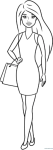 Black and white line art of Barbie standing in a fashionable pose, featuring clear outlines for easy coloring by children.