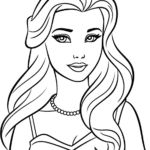 A high-quality line art illustration of Barbie wearing a stylish dress, featuring clear outlines for easy coloring by children.