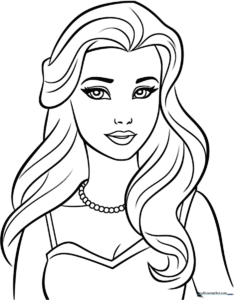 A high-quality line art illustration of Barbie wearing a stylish dress, featuring clear outlines for easy coloring by children.