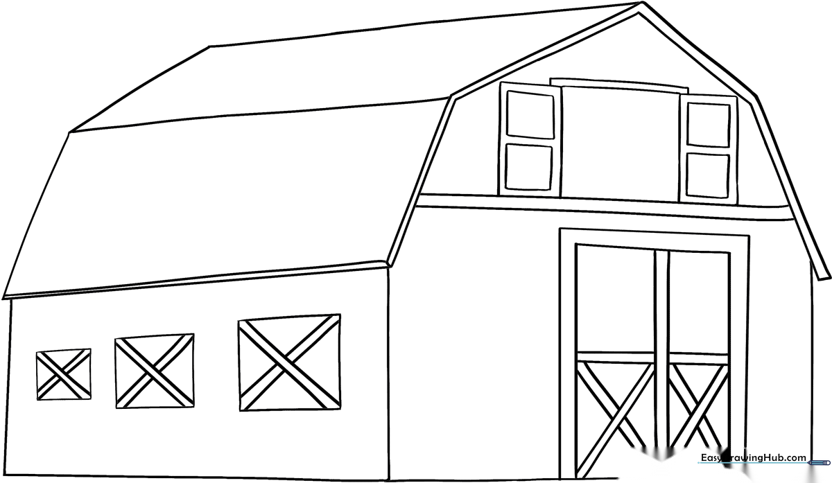 Black and white line art of a traditional farm barn with a large sliding door and roof shingles, ready for children to color.