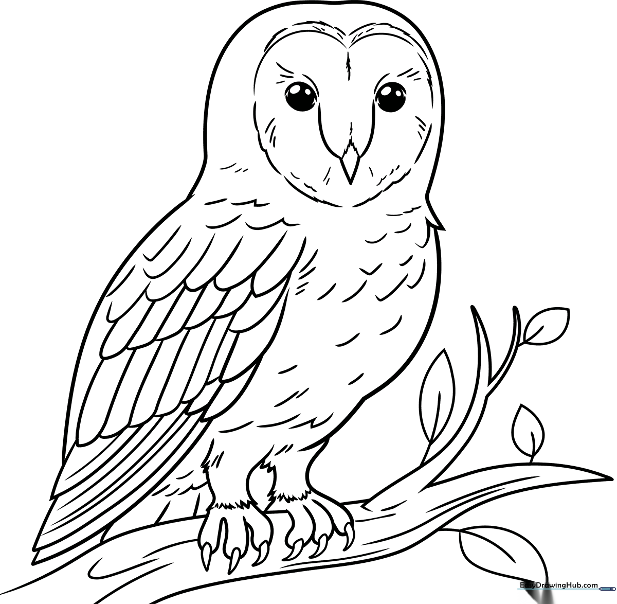Black and white line art of a friendly barn owl with large expressive eyes, ready for children to color with markers or crayons.