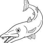 Black and white line art of a barracuda swimming, featuring clear outlines for easy coloring and educational ocean-themed art practice.