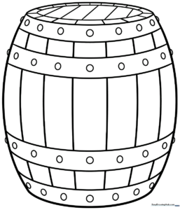 Black and white line art of a wooden barrel with metal hoops, ready for children to color and customize.
