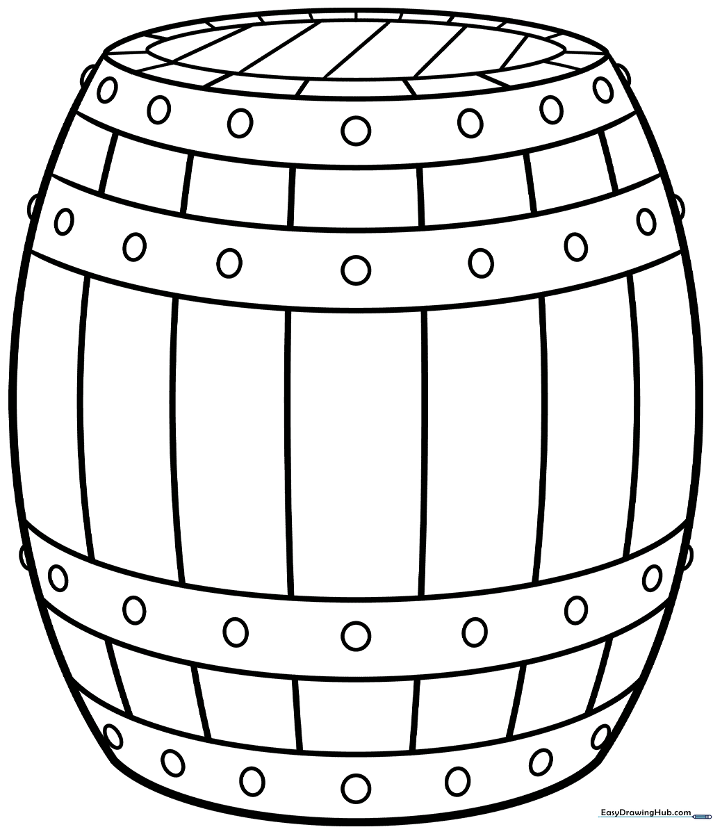 Black and white line art of a wooden barrel with metal hoops, ready for children to color and customize.