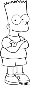 Black and white line art of Bart Simpson standing with a mischievous grin, designed for children to color.
