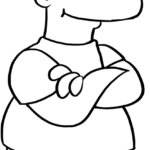 Black and white line art of Bart Simpson standing with a mischievous grin, designed for children to color.