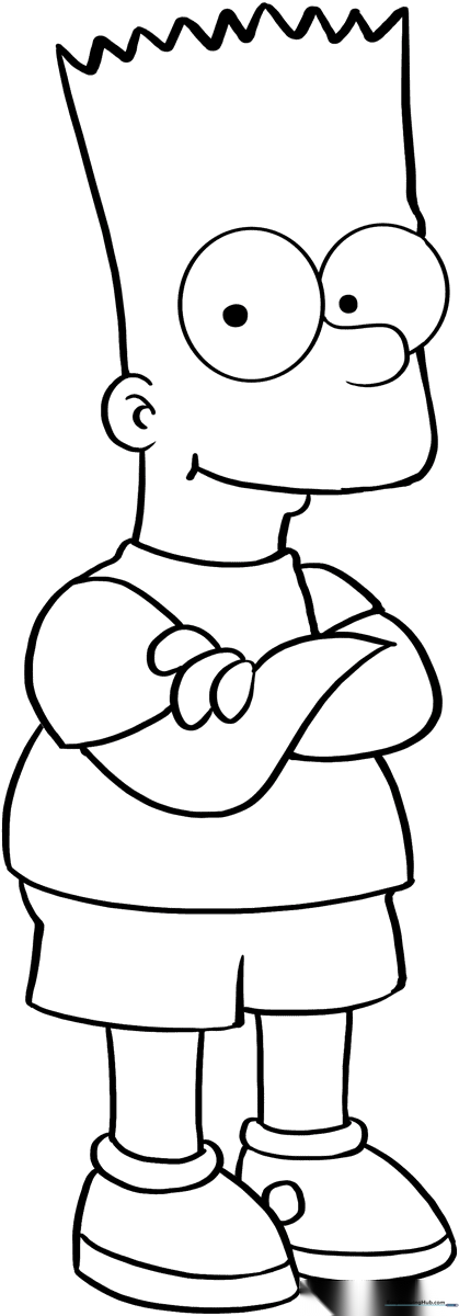 Black and white line art of Bart Simpson standing with a mischievous grin, designed for children to color.