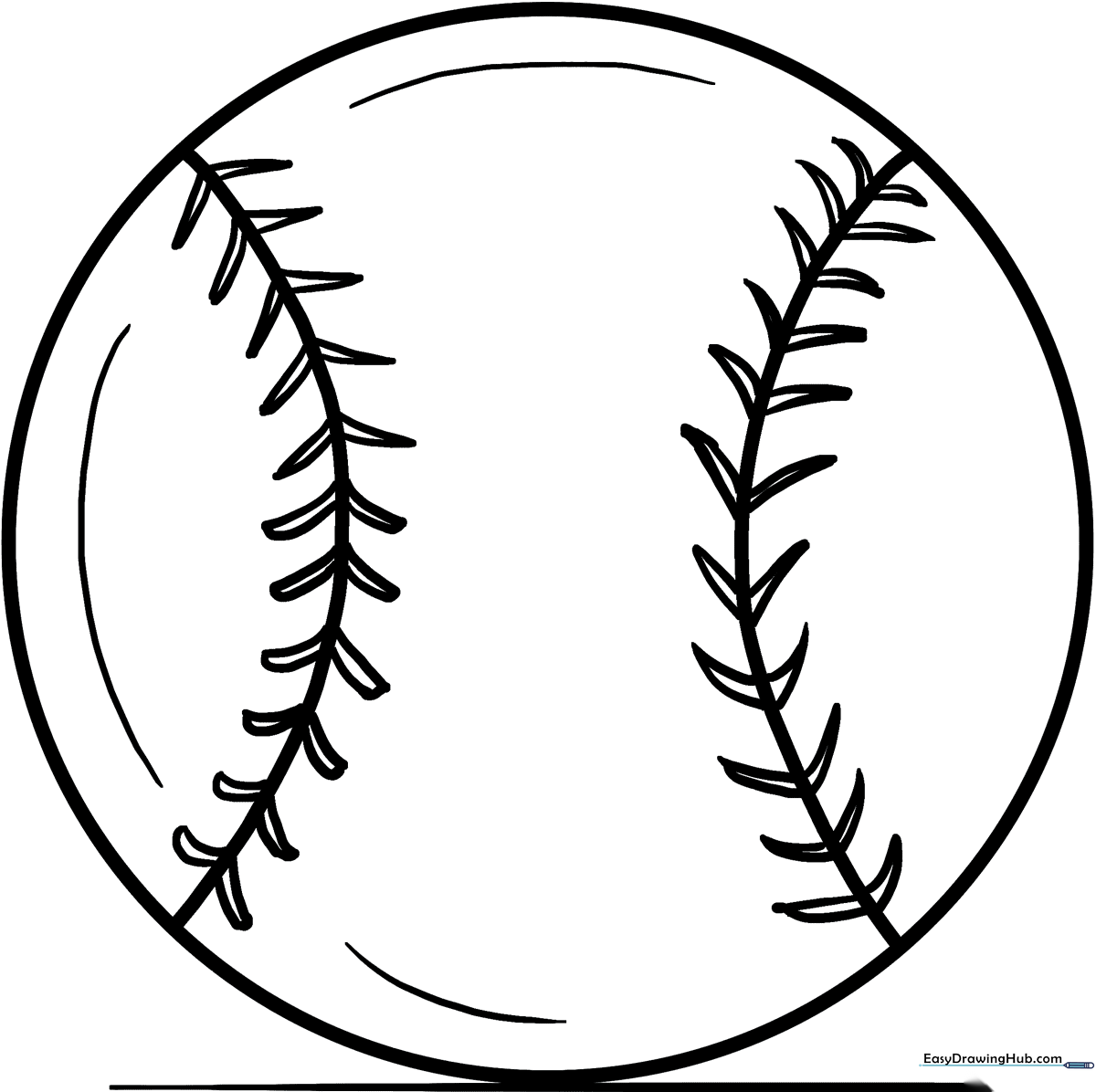 A clean, black-and-white line drawing of a baseball with clear, bold outlines and visible stitching, designed for children to color.