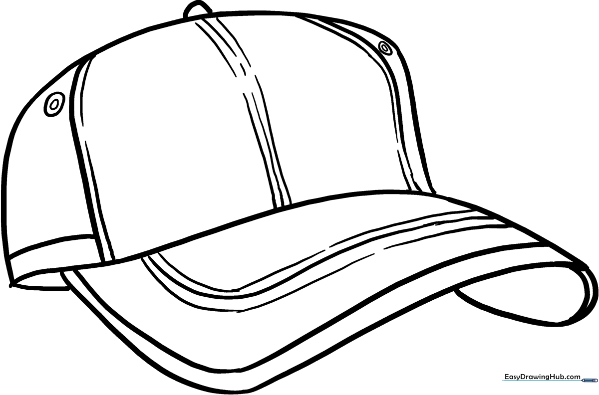 Clean line art of a baseball cap with a curved brim and button top, ready for children to color and customize.