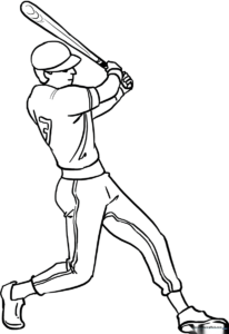 Black and white line art of a baseball player wearing a uniform and cap, ready for coloring on a standard 8.5x11 sheet.