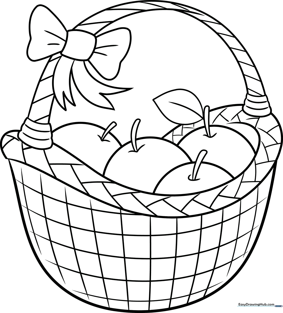 A clean, black-and-white line art illustration of a woven picnic basket with a sturdy handle, ready for children to color.