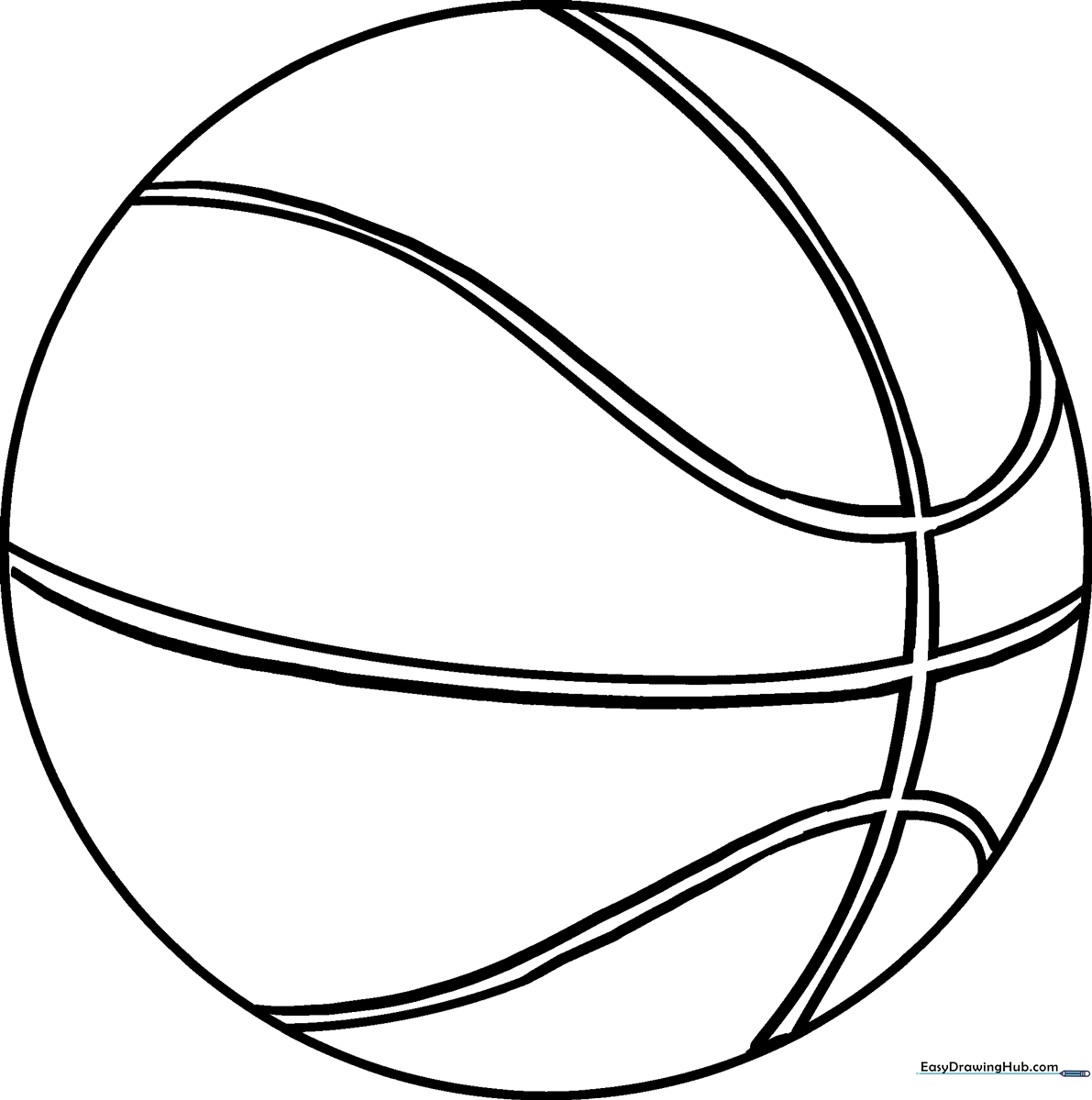 A clean, bold-lined coloring page of a basketball with classic grip texture lines, designed for children to practice coloring within boundaries.
