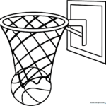 Black and white line art of a basketball hoop with a sturdy backboard and net, designed for children to color.