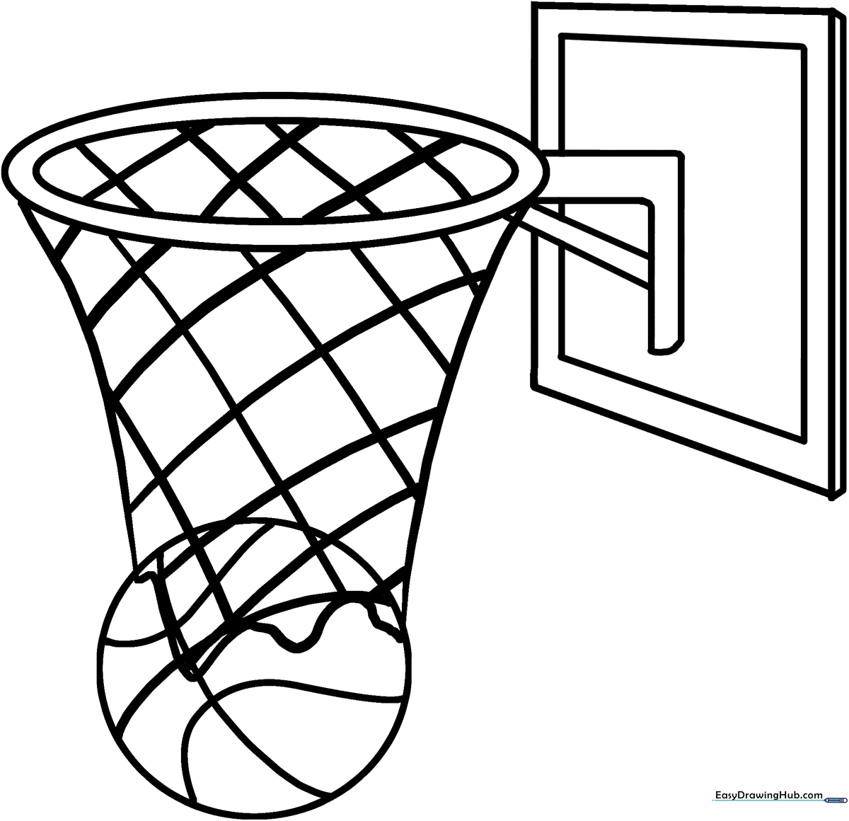 Black and white line art of a basketball hoop with a sturdy backboard and net, designed for children to color.