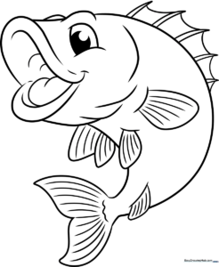 Black and white line art of a largemouth bass fish featuring clear scales and fins, designed for children to color.