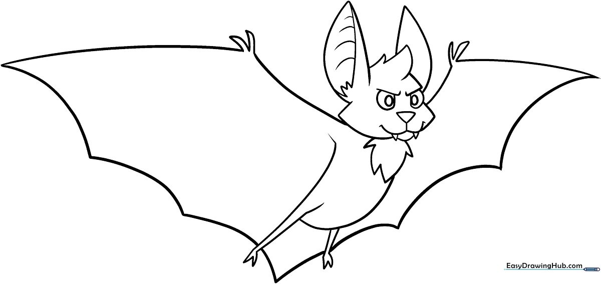 A clean, black-and-white line art illustration of a friendly cartoon bat with large ears and outstretched wings, ready for coloring.