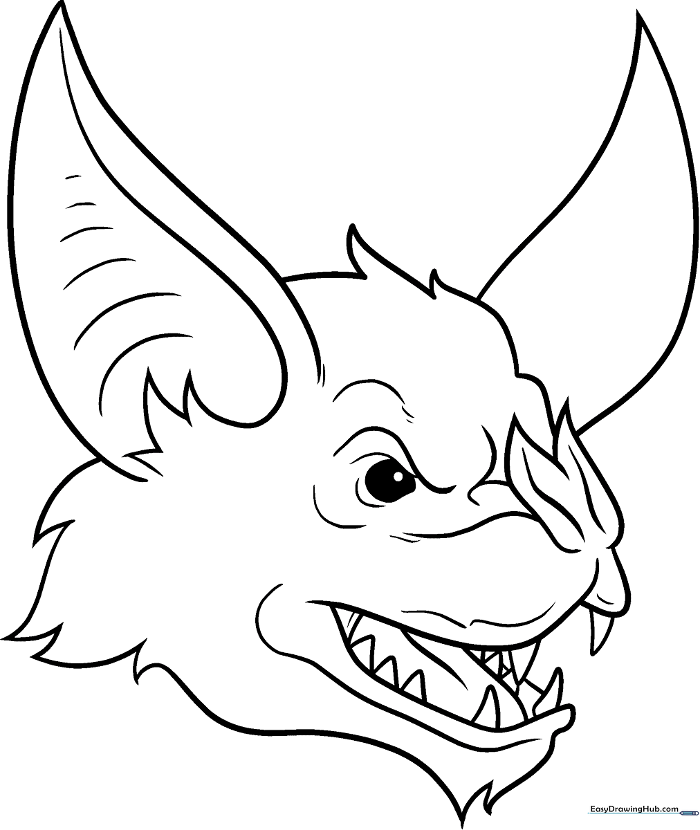 A clean, black-and-white line art illustration of a friendly bat face with large ears and wide eyes, ready for coloring.