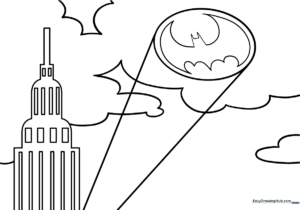 Black and white outline of the iconic Bat Signal symbol on a circular background, designed for children to color.