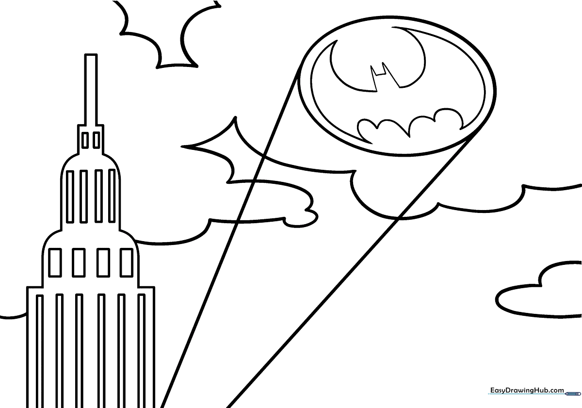 Black and white outline of the iconic Bat Signal symbol on a circular background, designed for children to color.