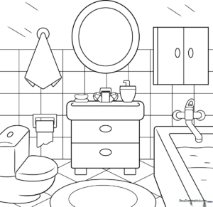 Line art illustration of a bathroom featuring a bathtub, sink, and mirror, designed for children to color.