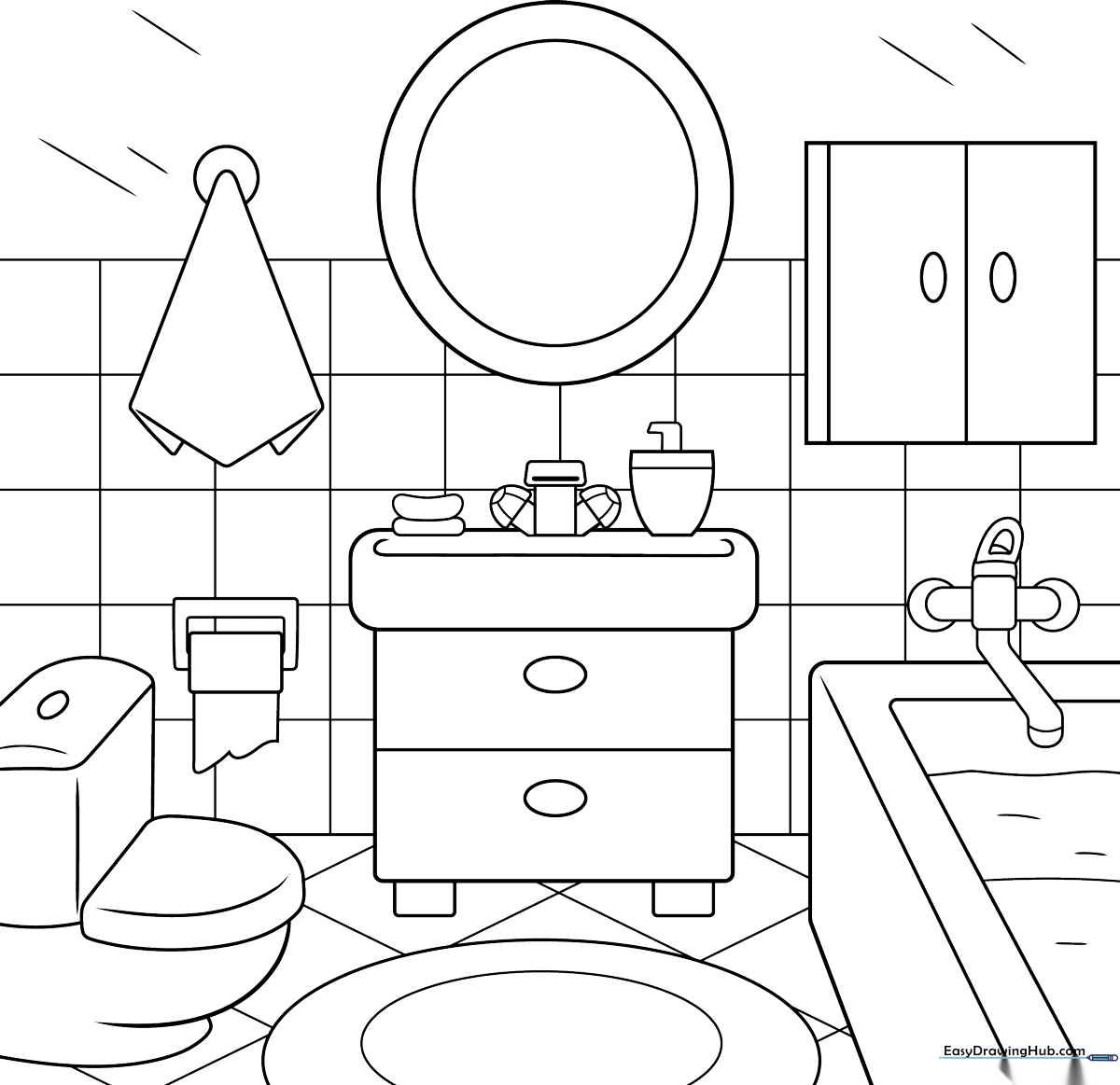 Line art illustration of a bathroom featuring a bathtub, sink, and mirror, designed for children to color.