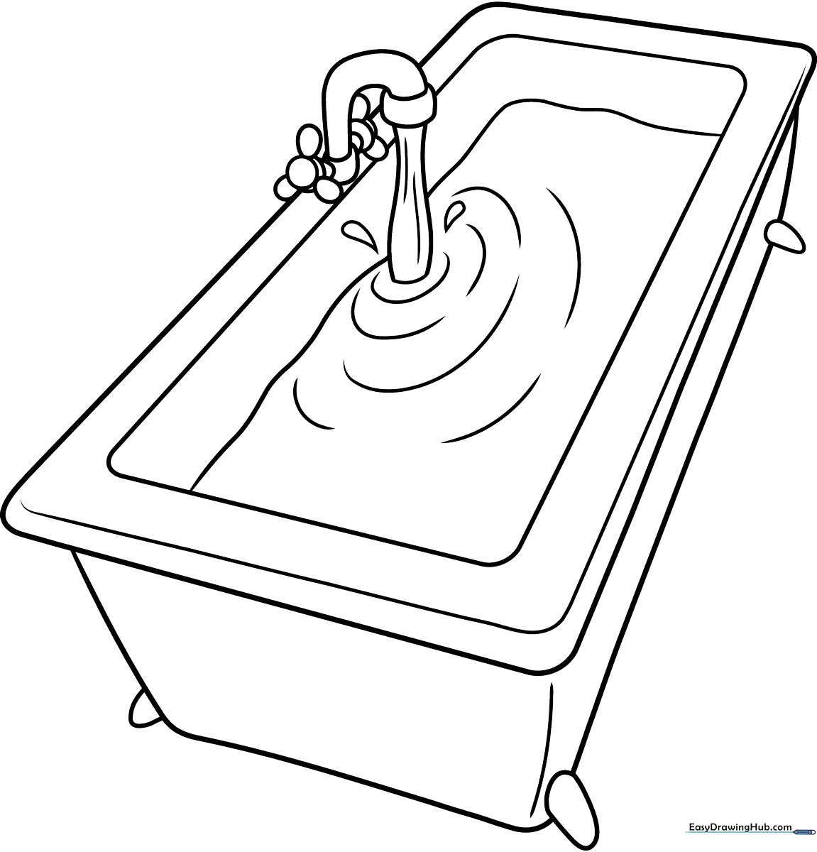 Black and white line art of a classic clawfoot bathtub with a faucet, ready for children to color with crayons or markers.