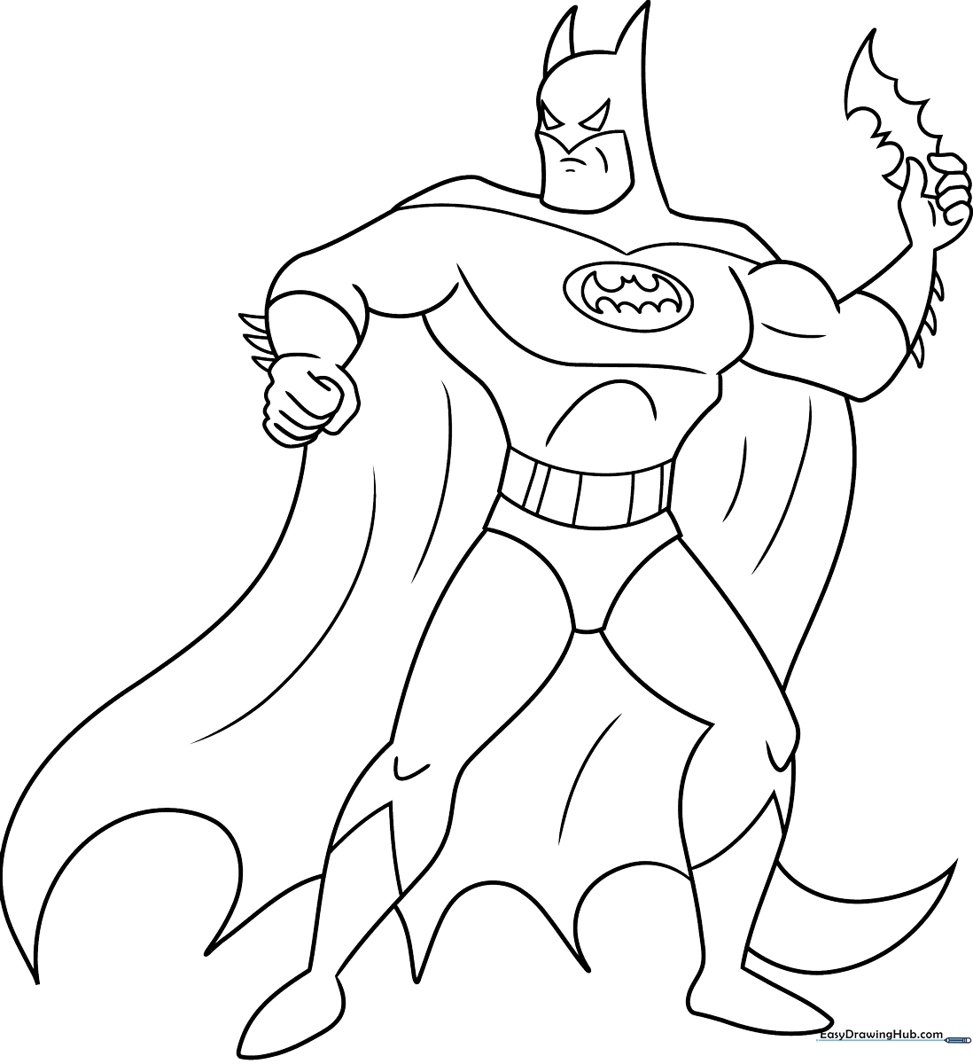 Black and white line art of Batman in a classic heroic pose, featuring clear outlines for easy coloring by children.