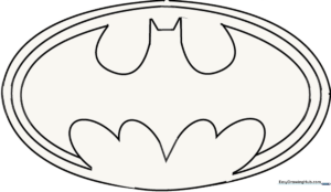 Black and white outline of the classic Batman bat-shaped logo on a white background, ready for coloring.