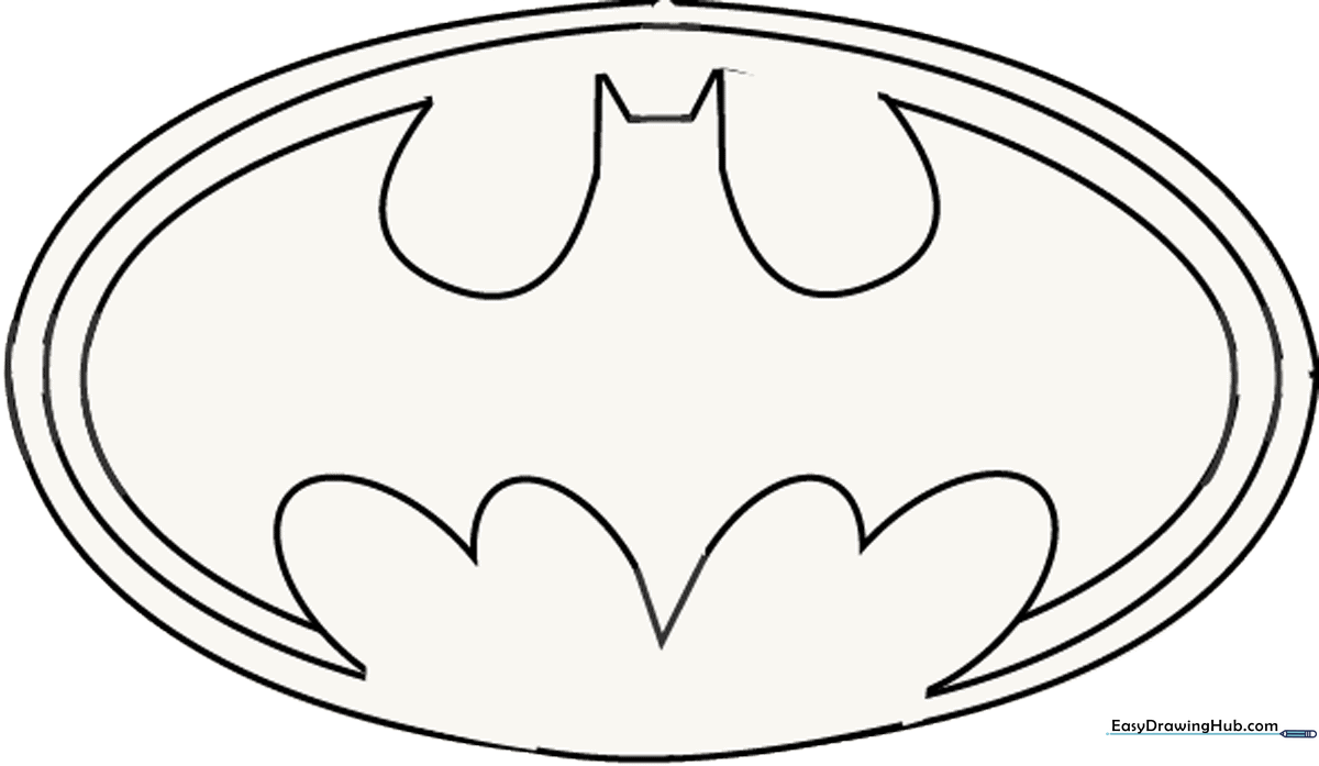 Black and white outline of the classic Batman bat-shaped logo on a white background, ready for coloring.