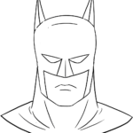 Black and white line art of Batman's cowl and face, featuring bold outlines for easy coloring by children.