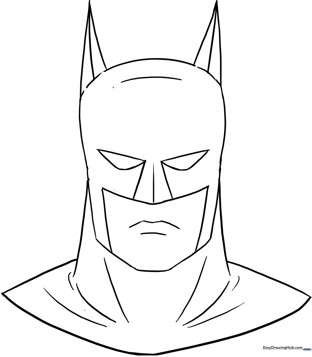 Black and white line art of Batman's cowl and face, featuring bold outlines for easy coloring by children.