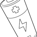 A simple line-art illustration of a cylindrical battery with a positive terminal, designed for children to color.